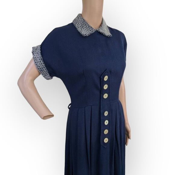50s Mohair Collar Cuffs Dress Dark Blue Vintage S - Picture 2 of 10